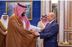 Saudi Crown Prince Mohammed bin Salman, left, meets with Rashad al-Alimi, a member of Yemen's new leadership council, in Riyadh. PHOTO: AGENCE FRANCE-PRESSE/GETTY IMAGES