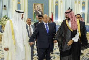  Abed Rabbo Mansour Hadi, center, met with Saudi Arabia's Crown Prince Mohammed bin Salman, right, and Abu Dhabi's crown prince, Mohammed bin Zayed Al Nahyan, in Riyadh, Saudi Arabia, in 2019. PHOTO: BANDAR ALJALOUD/ASSOCIATED PRESS