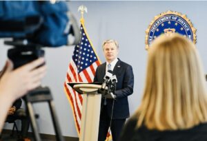 FBI Director Christopher Wray addresses members of the press during a media availability at the FBI Norfolk Field Office in Norfolk, Virginia, on February 15, 2023.