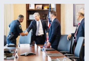 FBI Director Christopher Wray met with state, local, and federal law enforcement personnel during his August 8, 2023, visit to the FBI Springfield Field Office